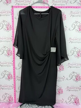 LORI M dress crystal Black Midi Draped Dress with Rhinestone Buckle